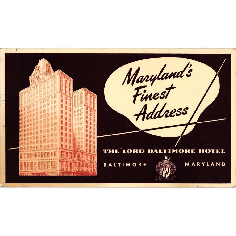 Lord Baltimore Hotel Postcard Baltimore‎ Marylands Finest Address Posted Stamped